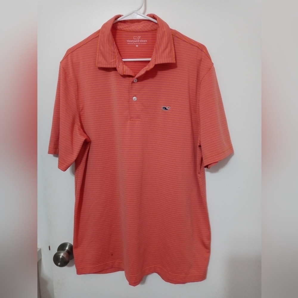 Vineyard Vines Performance Orange pink Stripe Polo Embroidered whale logo